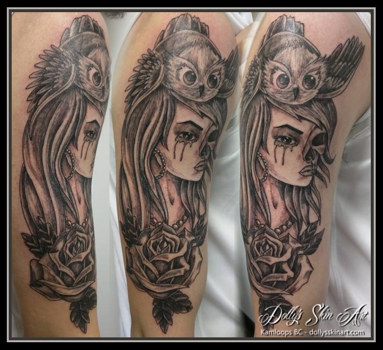 black and grey skull girl owl rose shading tattoo kamloops dolly's skin art sleeve