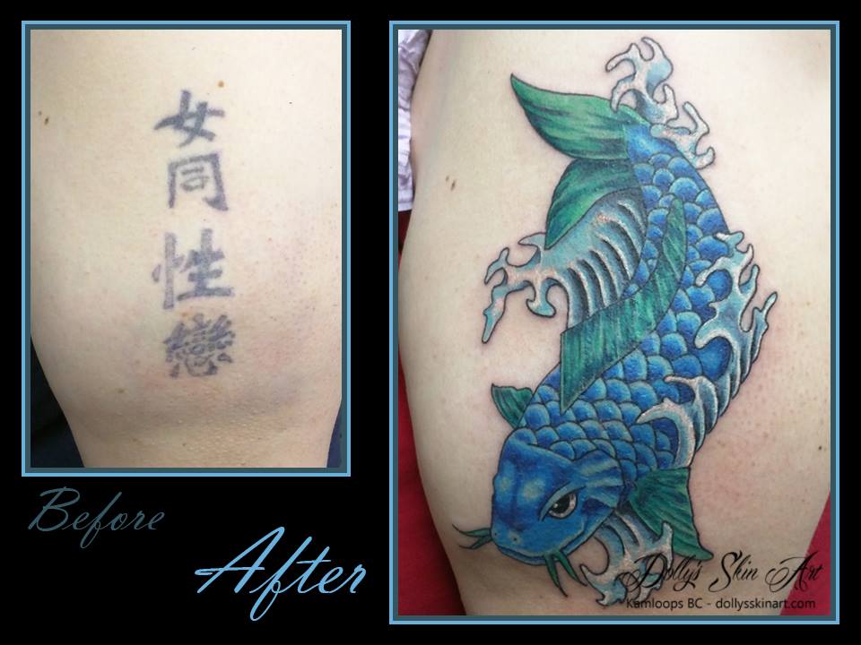 colour blue green waves coverup asian koi fish tattoo kamloops dolly's skin art