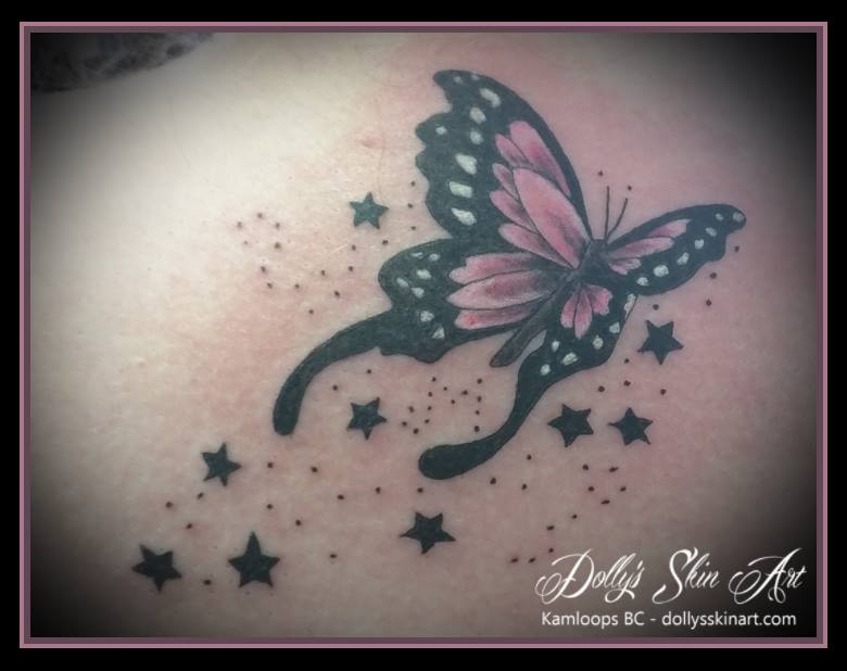 small pink black butterfly stars tattoo kamloops dollys skin art