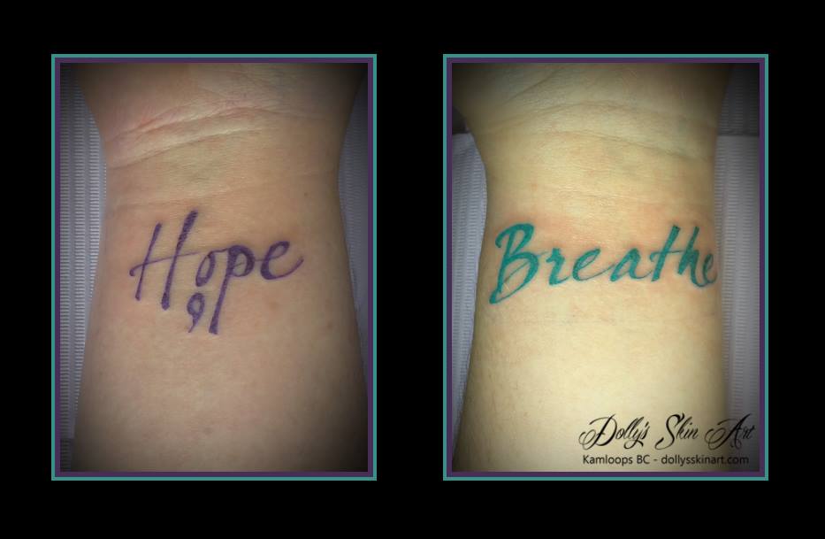 hope semi colon breathe blue purple lettering font tattoo wrist kamloops dolly's skin art