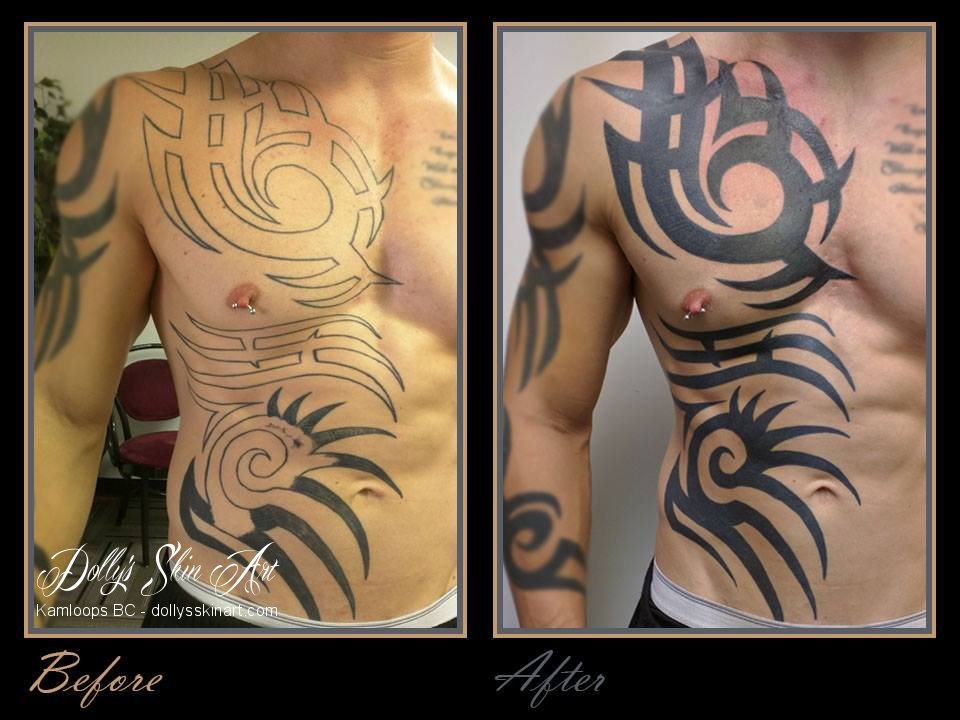 Keaton black tribal solid tattoo chest ribs kamloops dolly's skin art