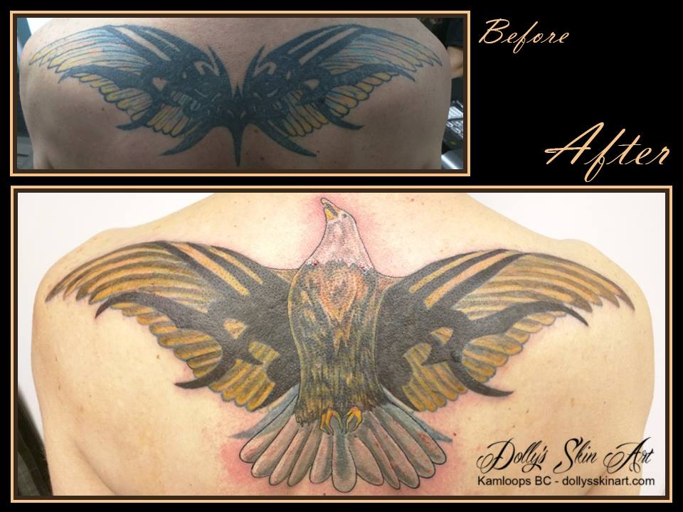 colour tribal wing cover up eagle back tattoo wip in progress