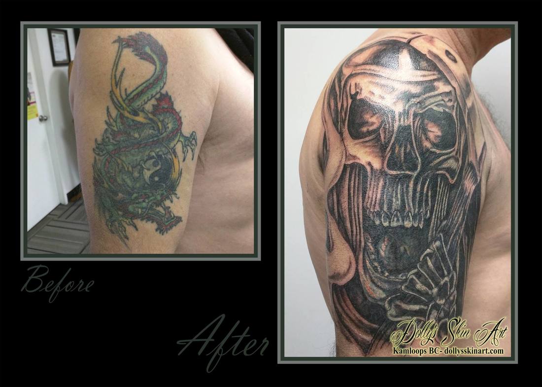 black and grey shading grim reaper skull cover up shoulder dragon before and after tattoo kamloops dolly's skin art
