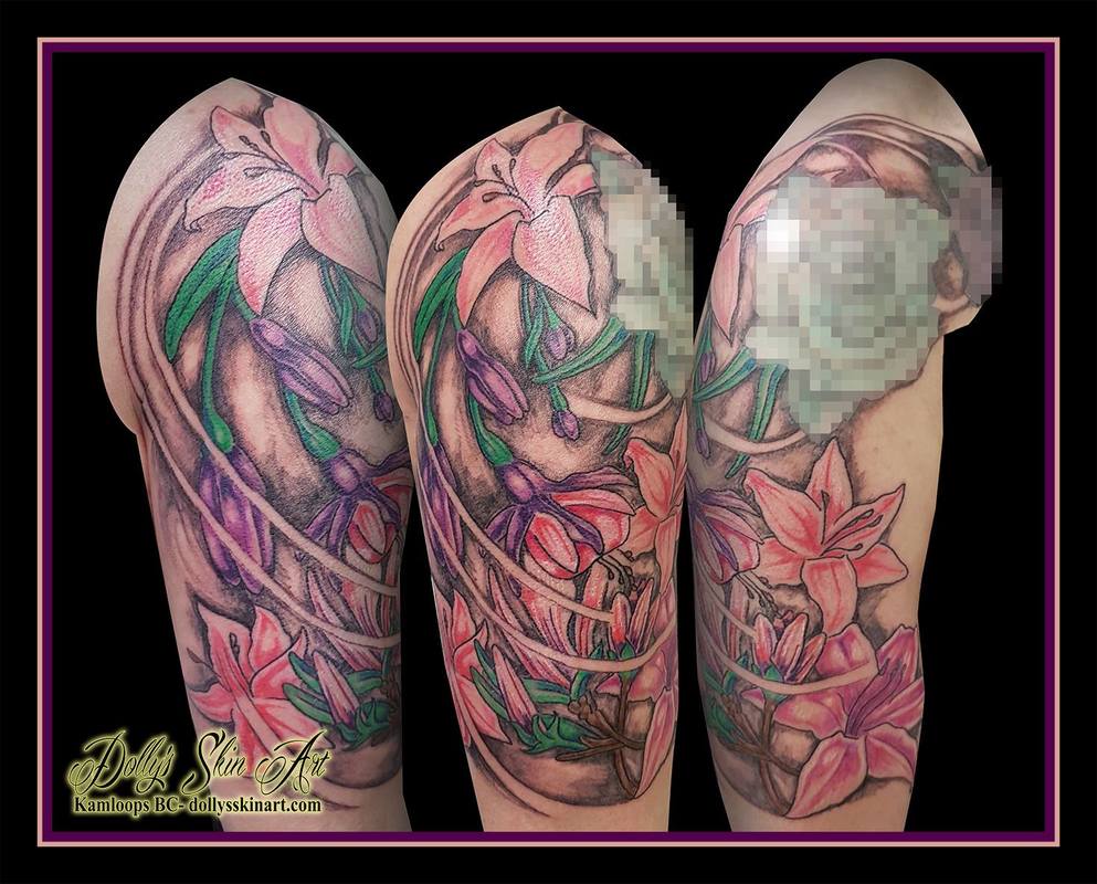 colour lilies pink purple green shoulder arm sleeve tattoo kamloops dolly's skin art