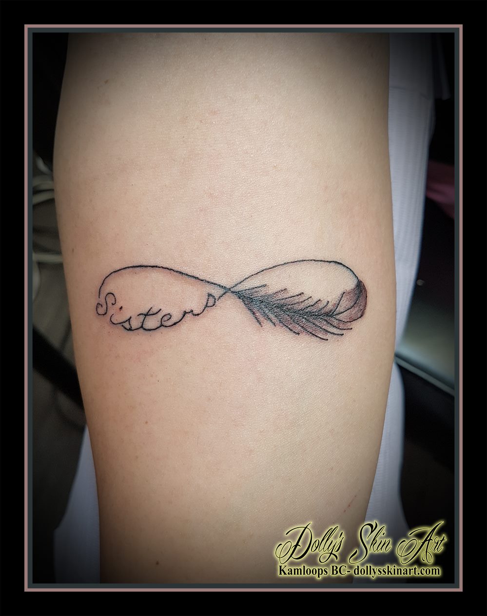 sisters infinity feather linework single line black small tattoo kamloops dolly's skin art