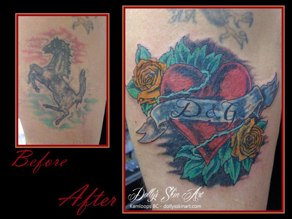heart banner rose colour cover up tattoo