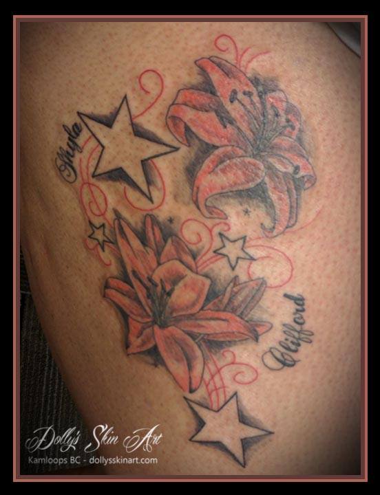 stars and lillies colour font tattoo