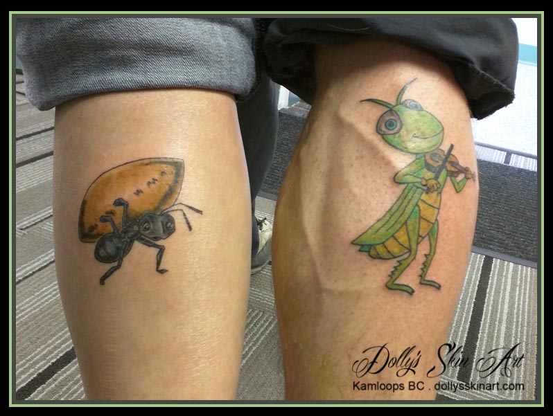 ant grasshopper sibling colour leg tattoo