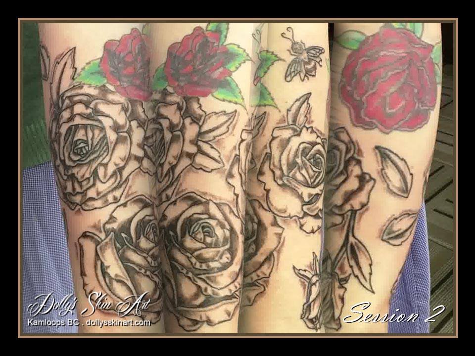 Laura's rose sleeve tattoo shaded