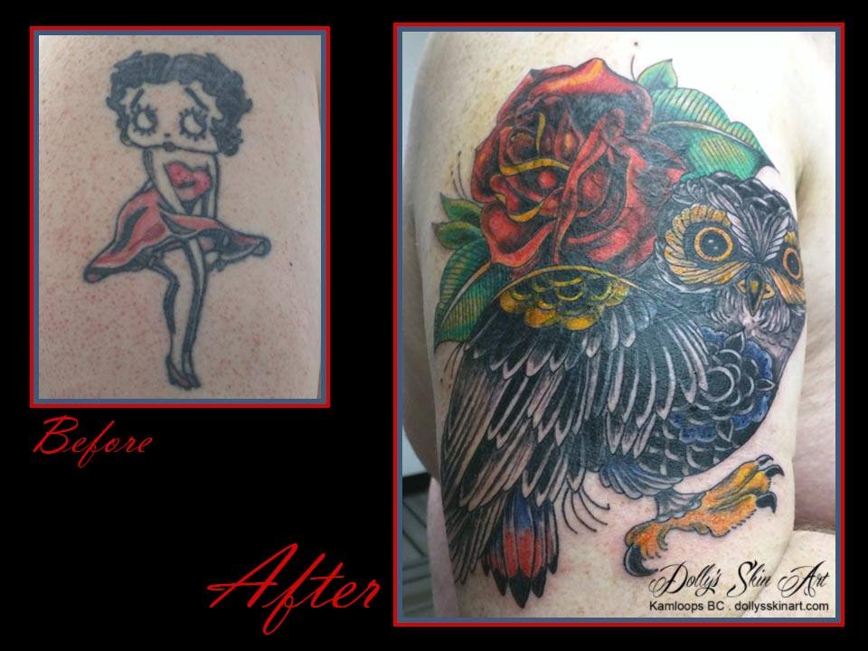 colour owl roses coverup tattoo 