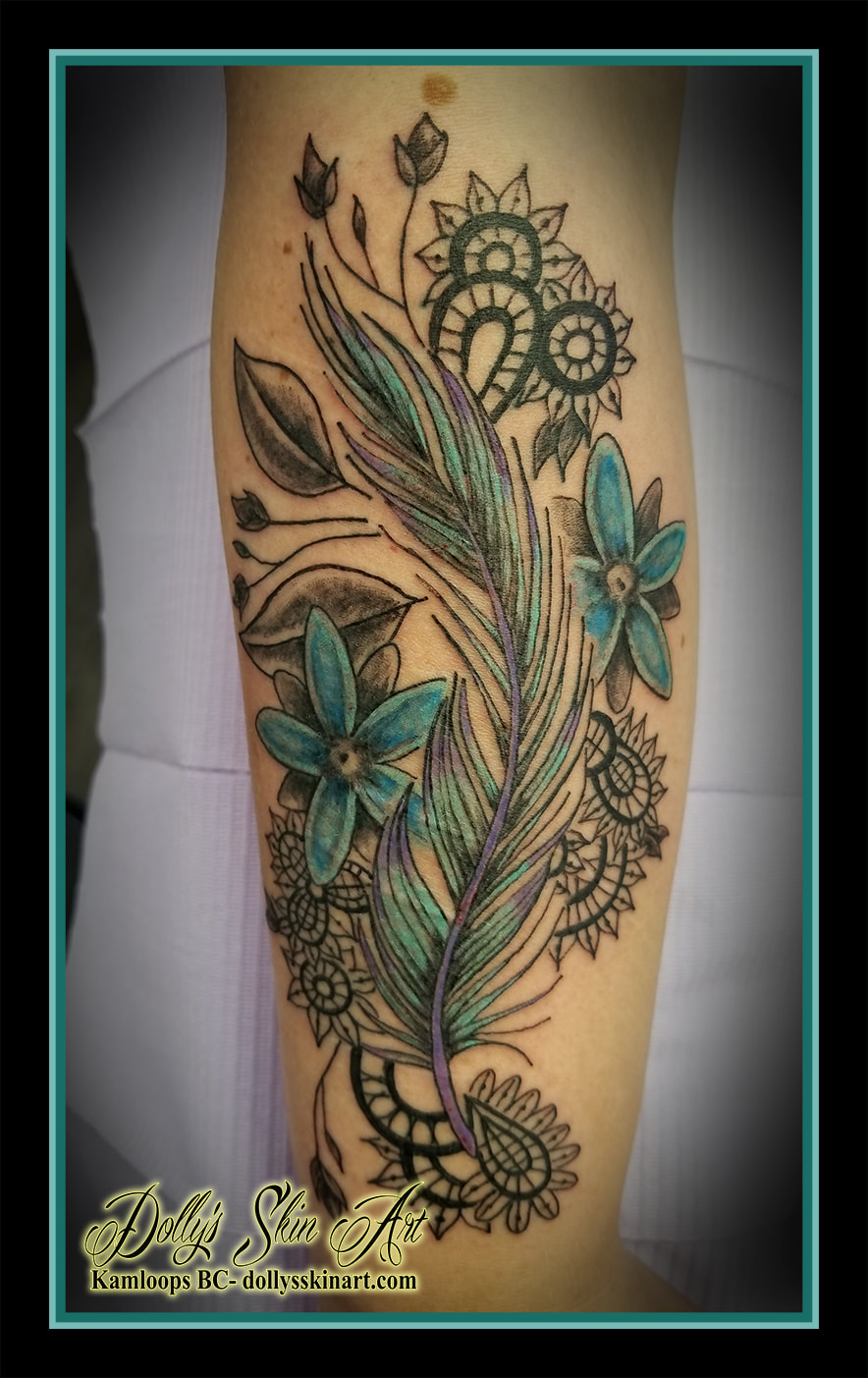 feather flowers lace forearm matching blue purple tattoo kamloops dolly's skin art fresh
