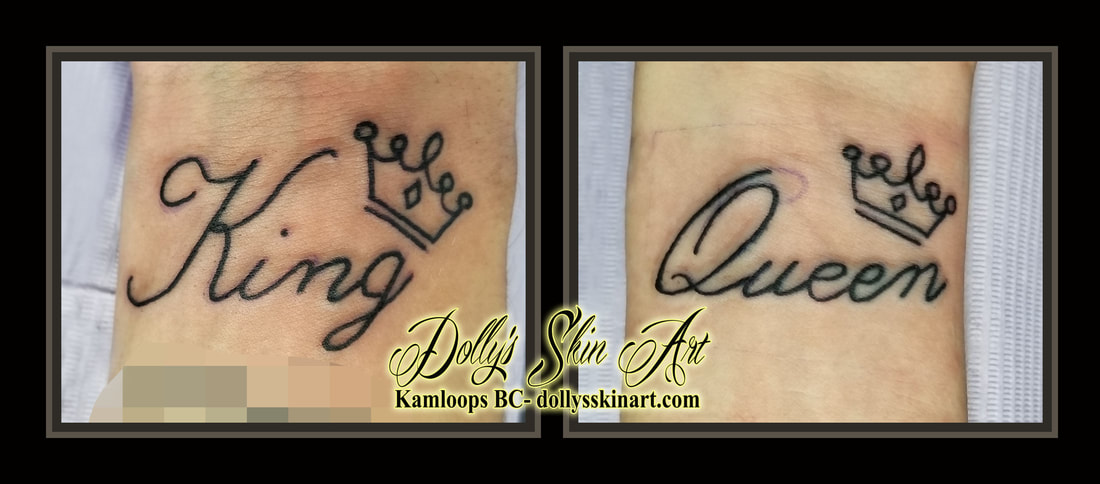 king queen matching his her crown wrist black lettering font tattoo kamloops dolly's skin art