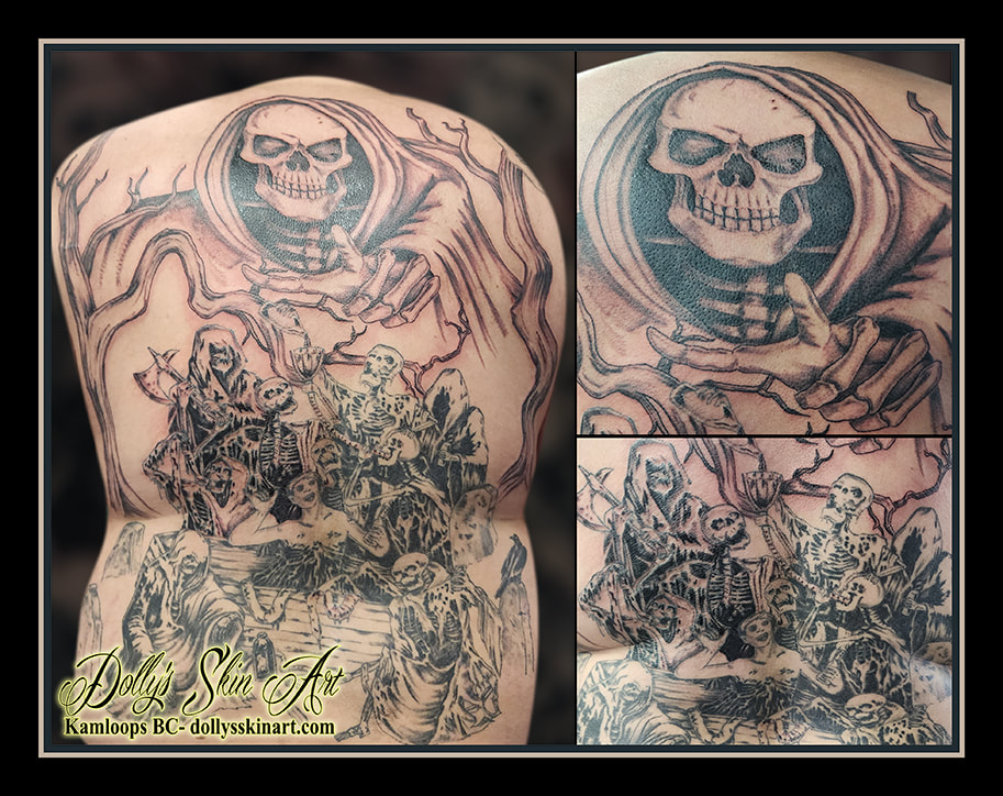 reaper tattoo death black and grey skeletons pirates back line work shading tattoo kamloops dolly's 