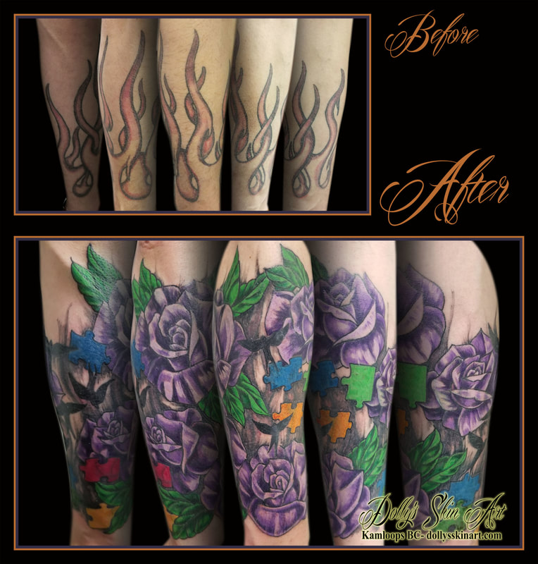 flowers rose leaves colour cover up purple green red yellow blue black birds autism puzzle forearm tattoo kamloops dolly's skin art