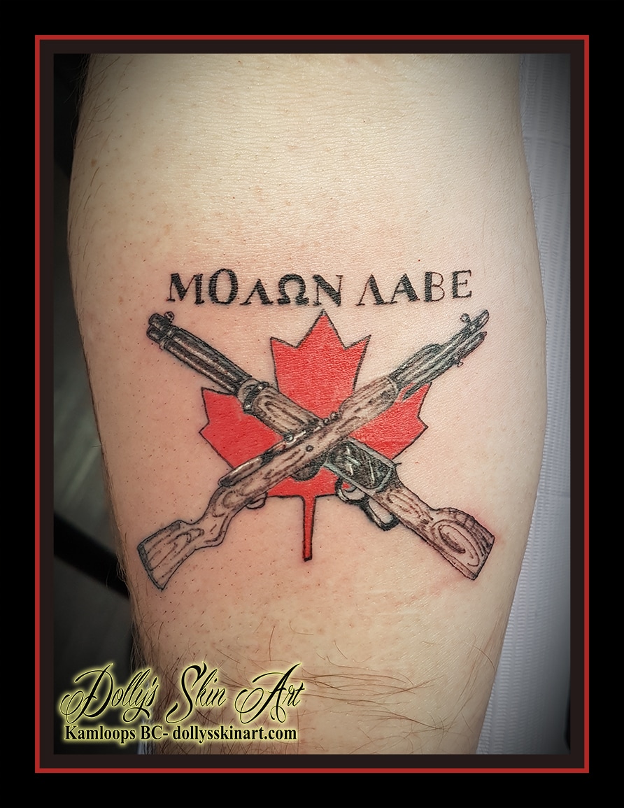 red maple leaf rifle gun firearm shading colour lettering font brother kamloops tattoo dolly's skin art