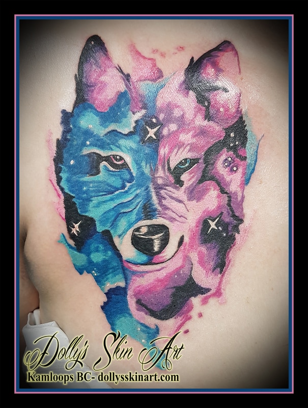 wolf space water colour pink blue black white color galaxy wolf tattoo kamloops dolly's skin art