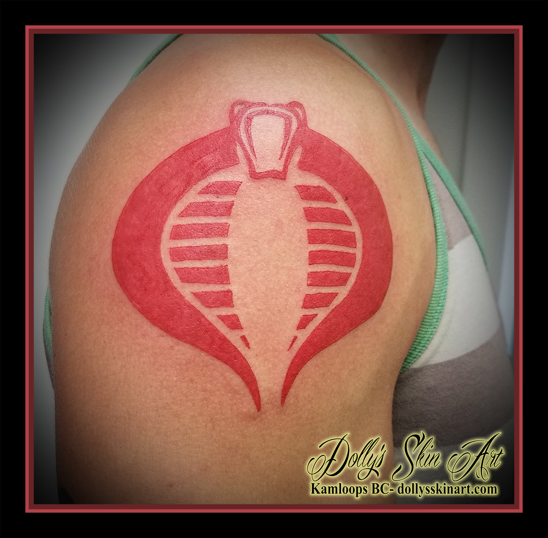 Cobra G.I. Joe snake red shoulder cobra command solid colour tattoo kamloops dolly's skin art