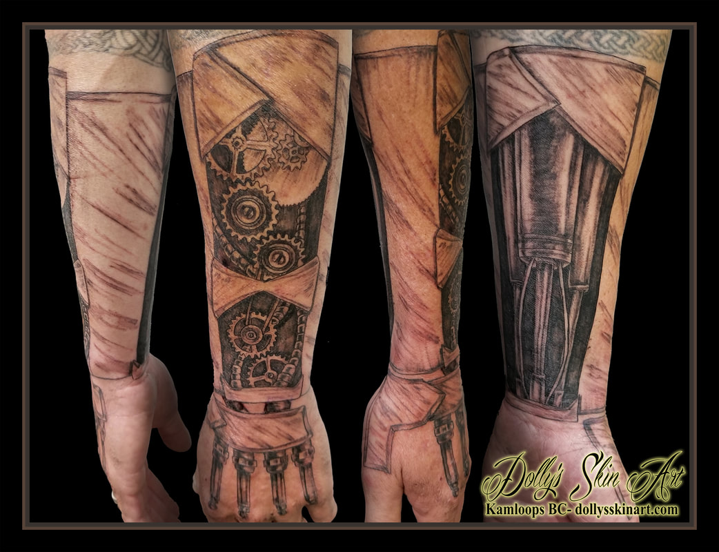 black and grey mechanical half sleeve forearm piston gears tubes hoses plates spark plugs shading hand kamloops tattoo dolly's skin art