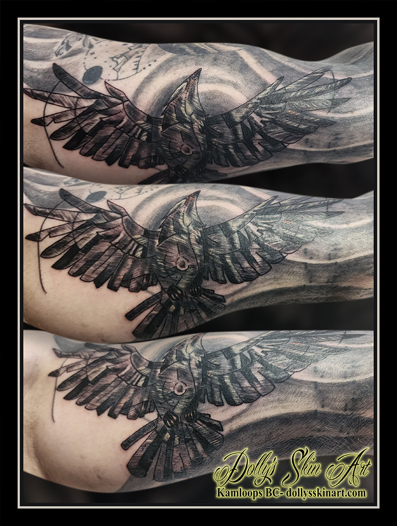 black bird tattoo shading sleeve black and grey tattoo kamloops dolly's skin art