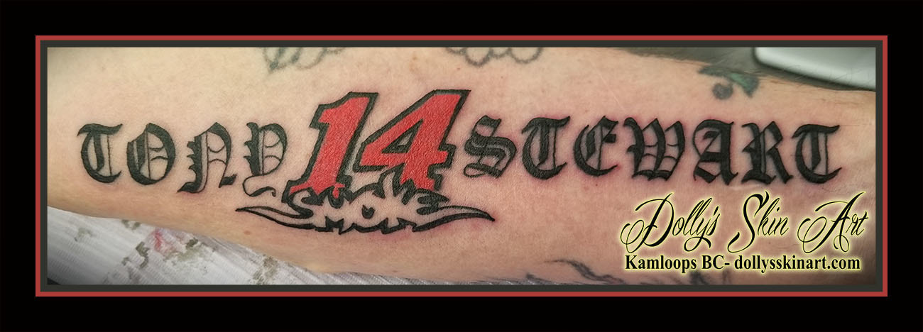 tony stewart 14 smoke nascar stock car logo black red forearm old english font lettering script tattoo kamloops dolly's skin art