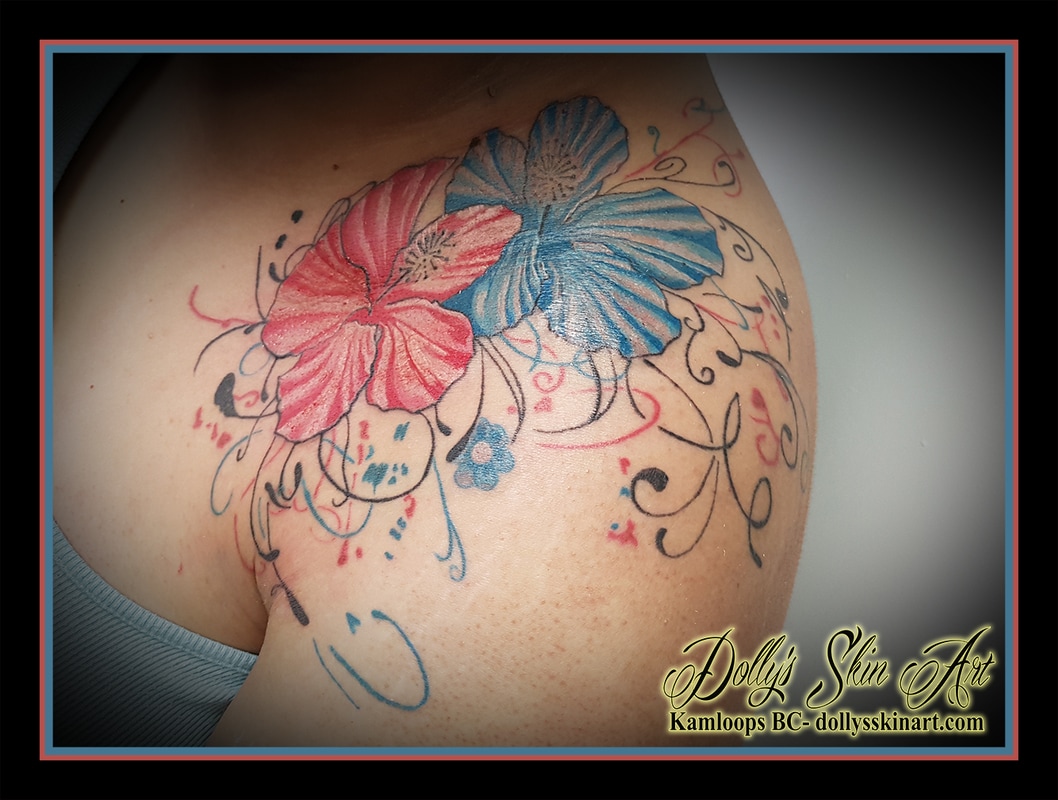 Hibiscus blue pink black filigree shoulder flowers tattoo kamloops dolly's skin art