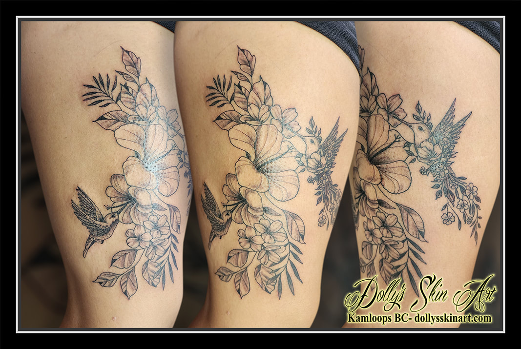 hummingbird tattoo flower floral black and grey shading birds leg tattoo kamloops dolly's skin art