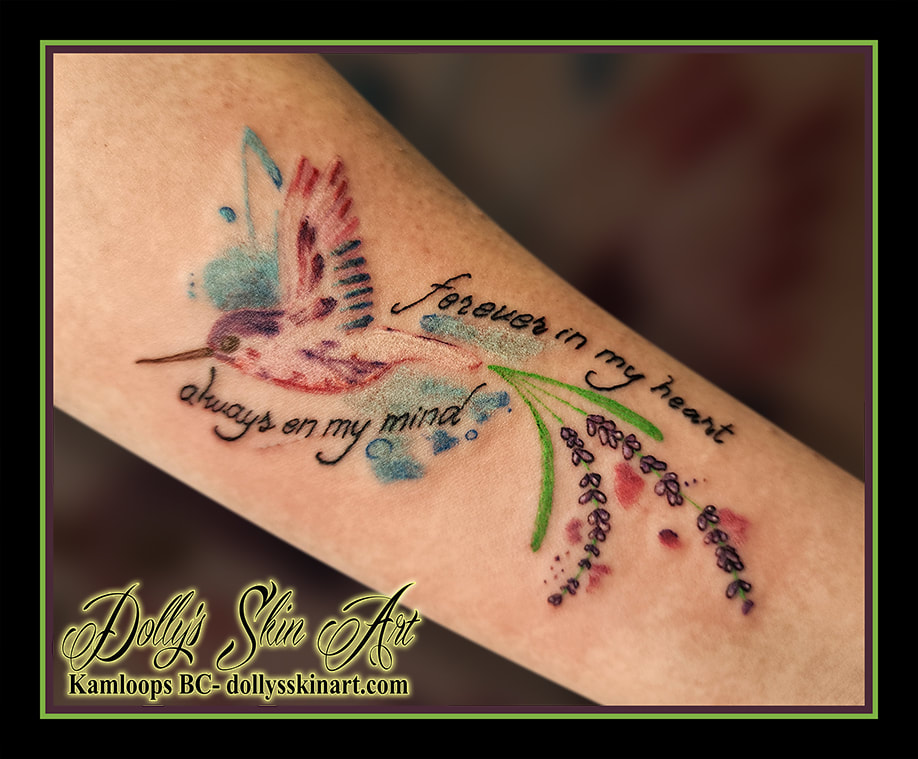 hummingbird tattoo colour forever in my heart always on my mind tattoo kamloops dolly's skin art