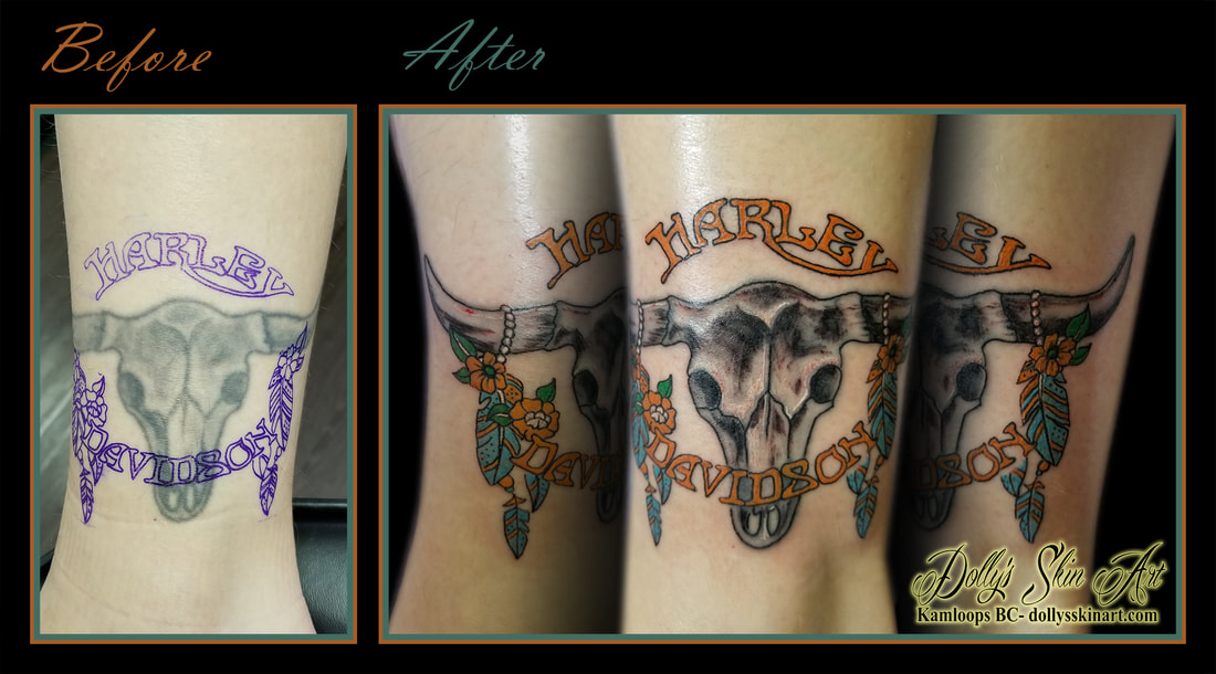 cover up update cow skull harley davidson featherspatch color orange turquoise ankle tattoo kamloops dolly's skin art