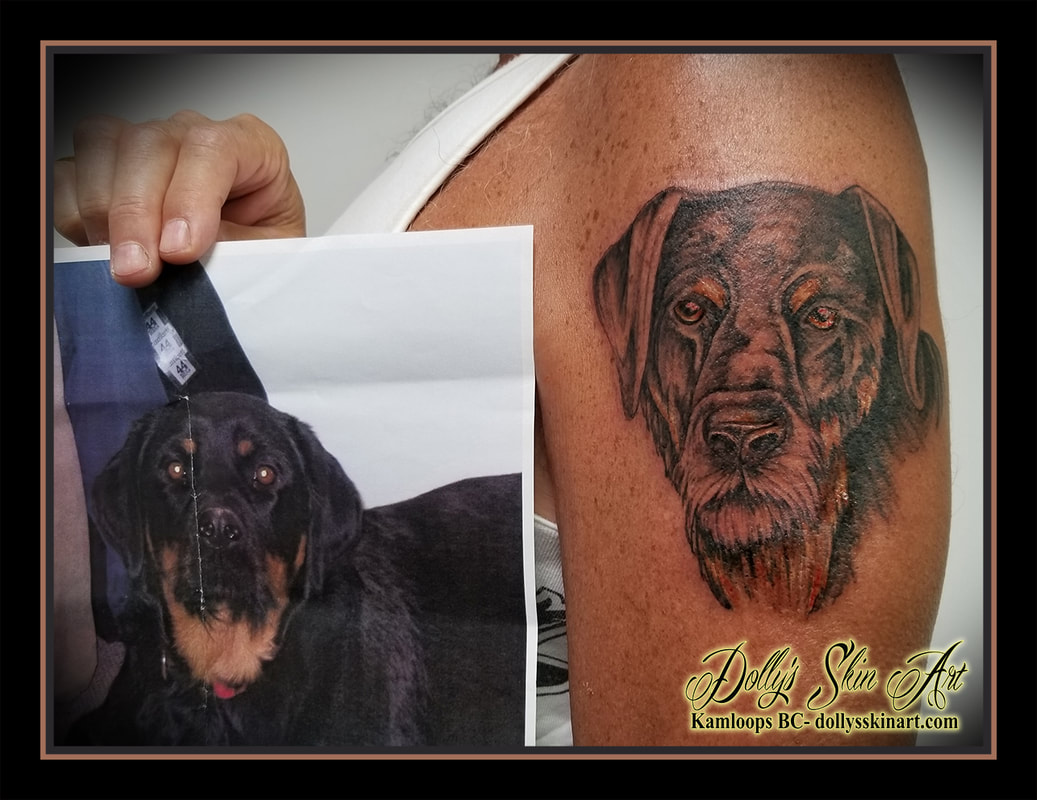 black and grey brown dog irish wolfhound rottweiler arm shoulder tattoo kamloops tattoo dolly's skin art