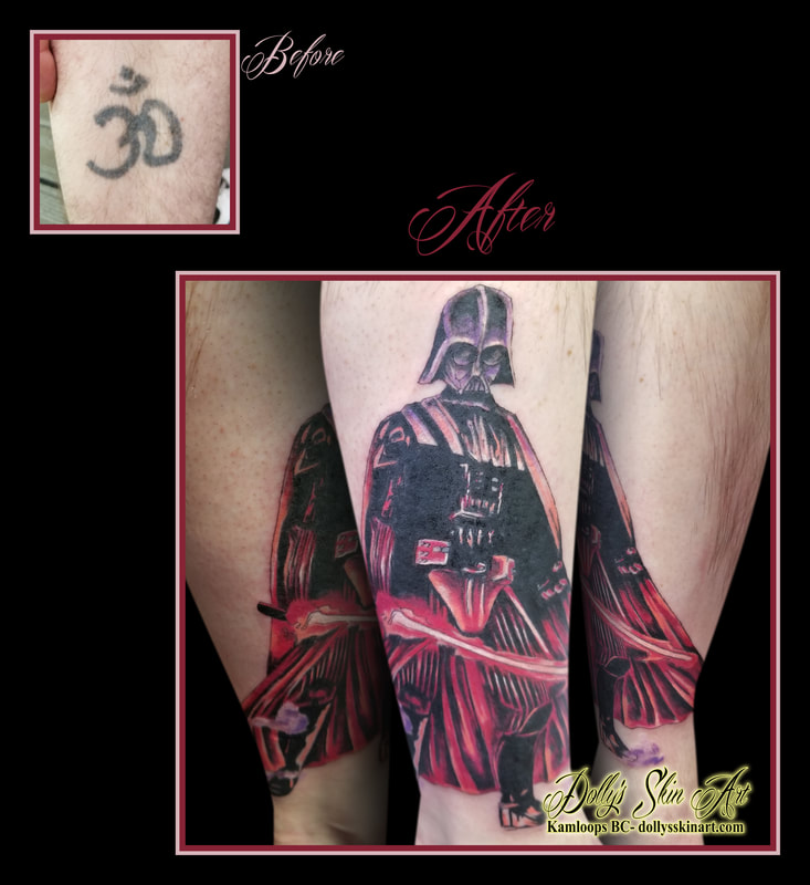 darth vader cover up star wars dark side black red lightsaber leg tattoo kamloops tattoo dolly's skin art