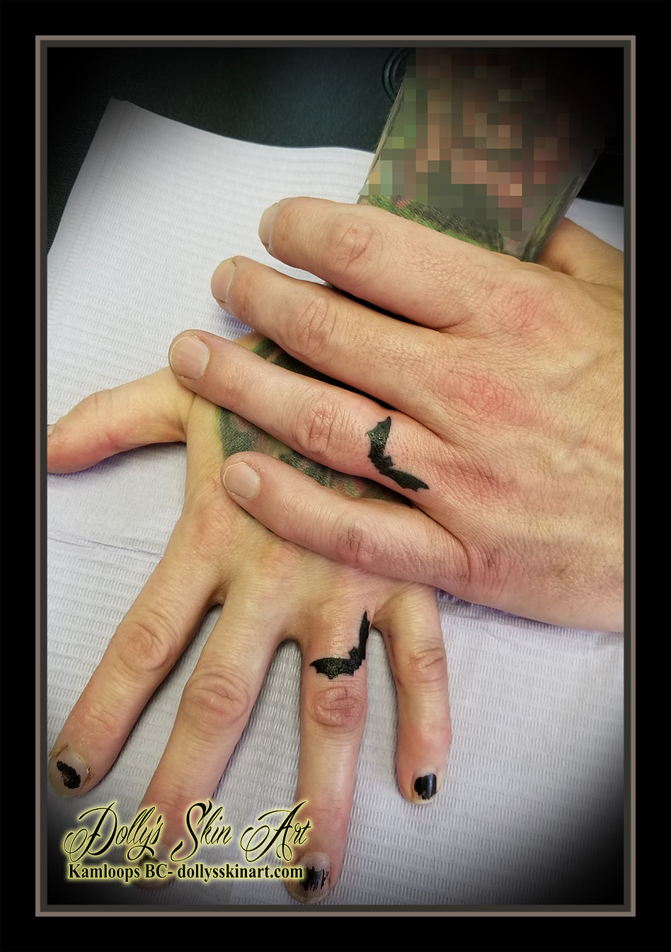small black bat bats matching ring finger solid hand tattoo his her tattoo kamloops tattoo dolly's skin art