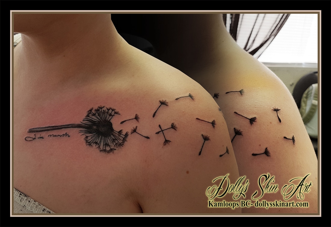black and grey dandelion blowing signature tribute chest shoulder tattoo kamloops dolly's skin art