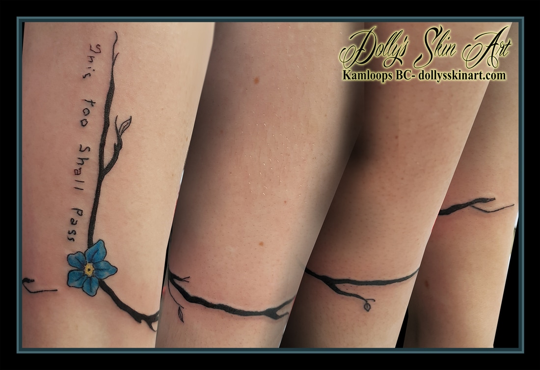 black vine blue yellow forgetmenot handwriting this too shall pass wrist forearm tattoo kamloops dolly's skin art