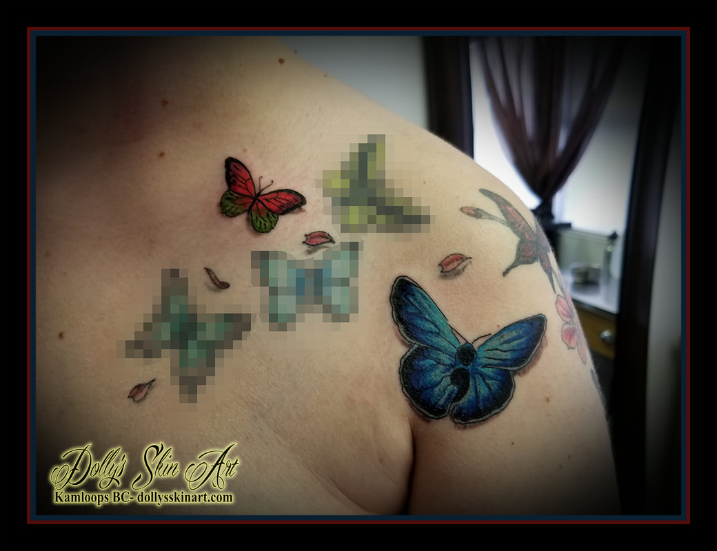 colour butterflies blue green red semicolon black shoulder tattoo kamloops tattoo dolly's skin art
