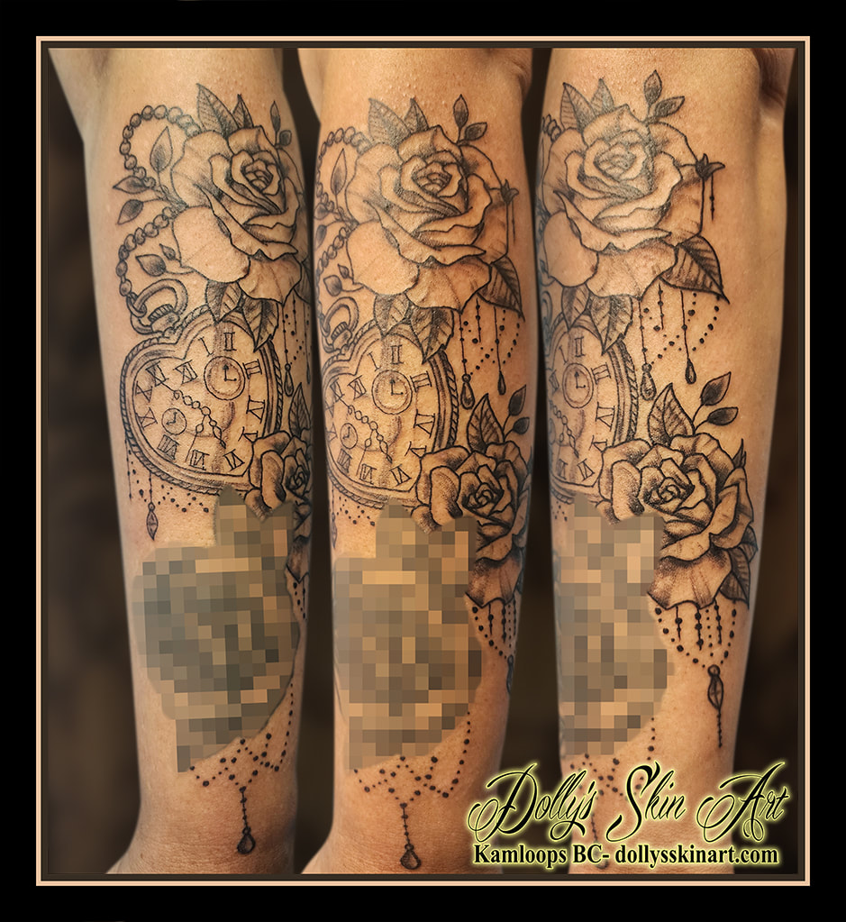pocket watch tattoo flower clock black and grey shading chandelier forearm tattoo kamloops dolly's skin art
