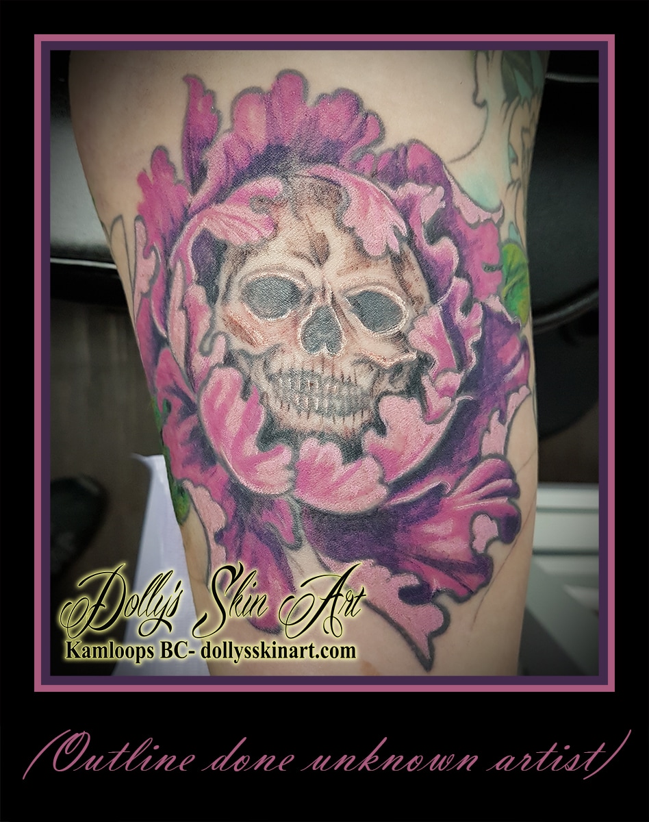 pink purple flower skull fill in colour of older outline tattoo kamloops dolly's skin art