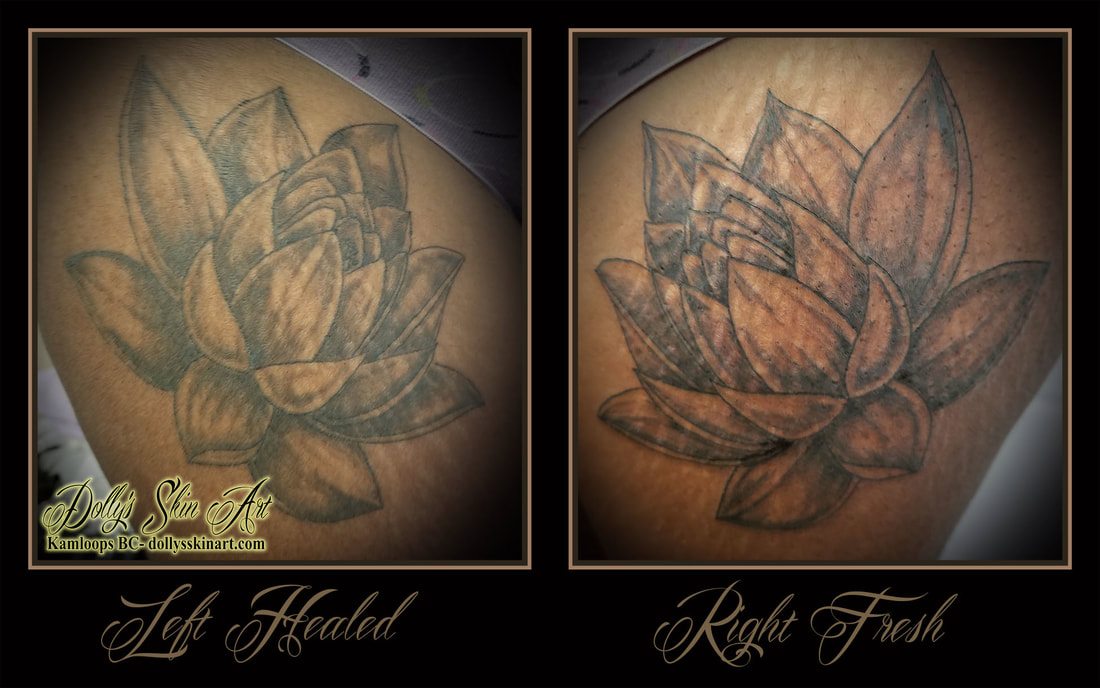 black and grey lotus flower thigh cover hide shaded linework blackwork tattoo kamloops dolly's skin art