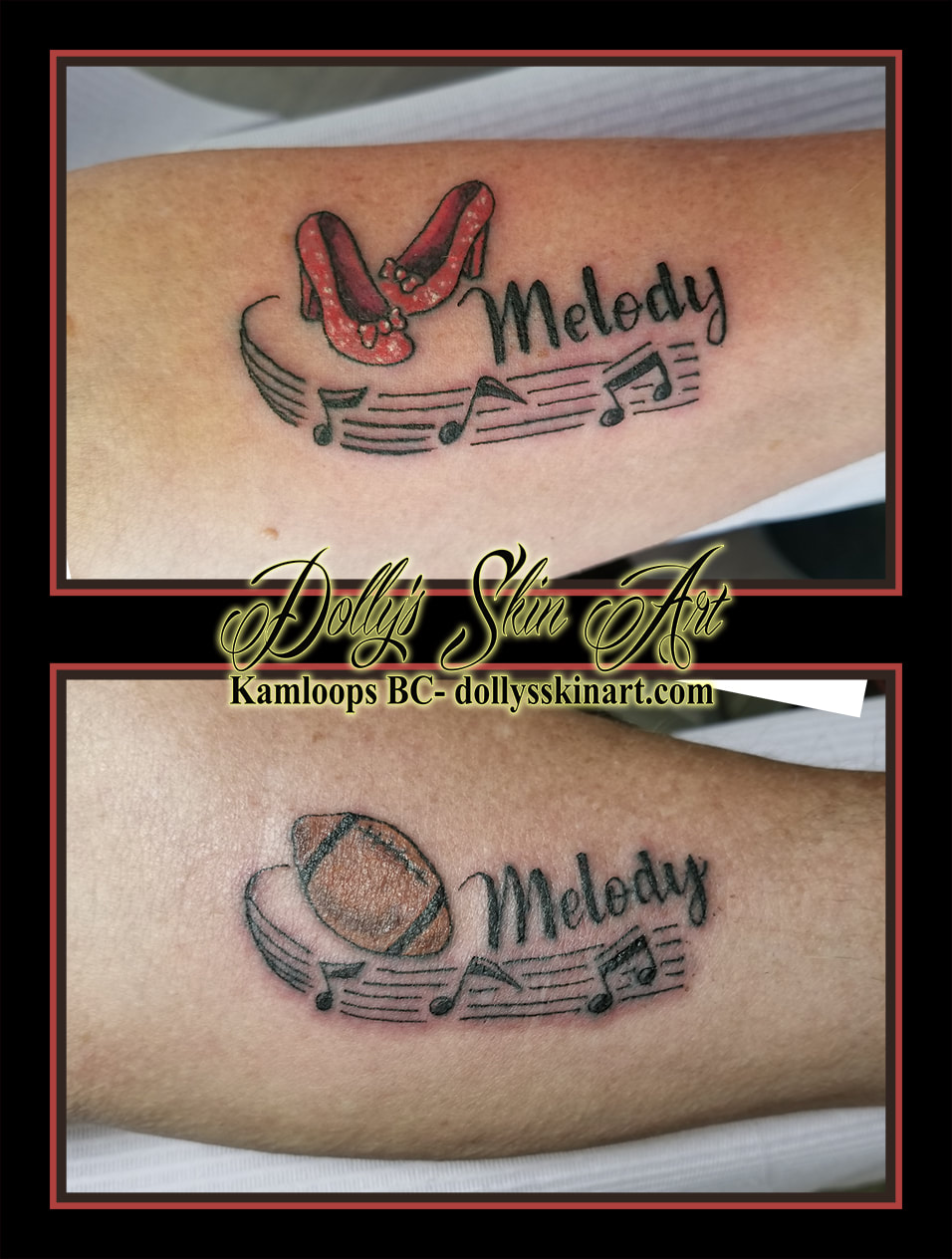 ruby slippers football red brown black melody music font lettering forearm tattoo kamloops tattoo dolly's skin art