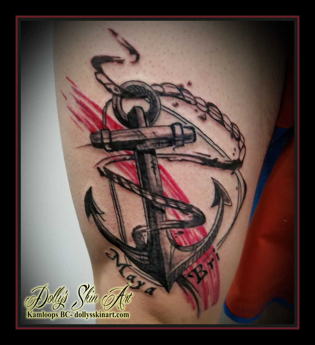 anchor trash polka black red maya bri lettering font thigh leg shaded rope tattoo kamloops dolly's skin art