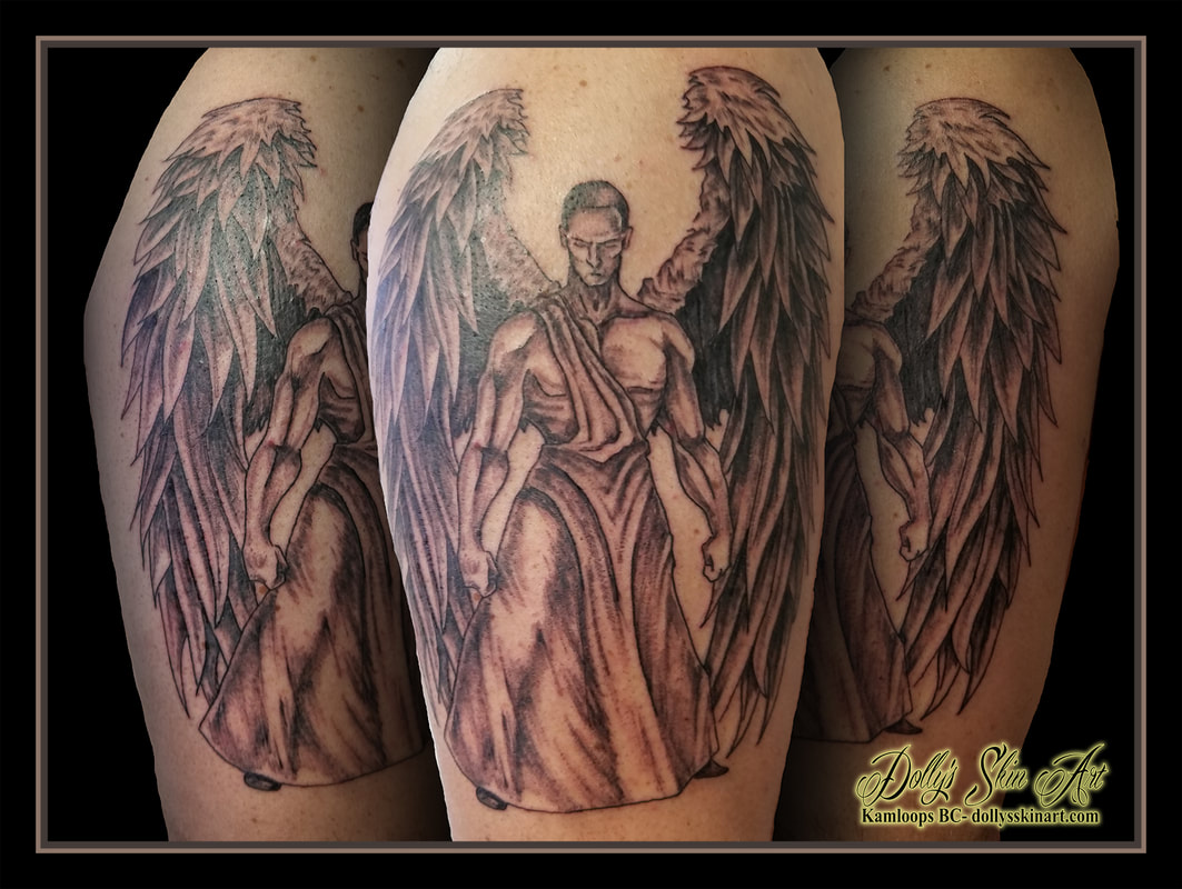 angel power guardian warrior black and grey shading arm shoulder tattoo kamloops dolly's skin art