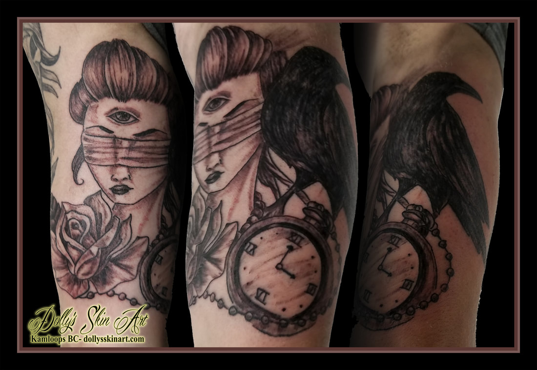 three eye girl blindfold rose pocketwatch raven black and grey shaded arm bicep tattoo kamloops dolly's skin art