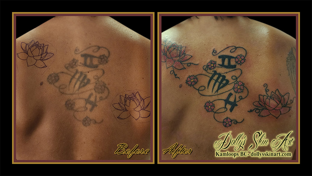 lotus tattoo rejuvenated cherry blossom lettering line work pink black back cover up tattoo kamloops dolly's skin art
