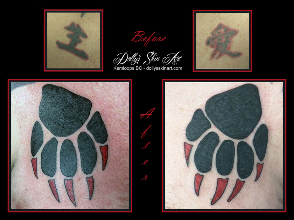 black red paw foot print chest cover up tattoo kamloops dolly's skin art