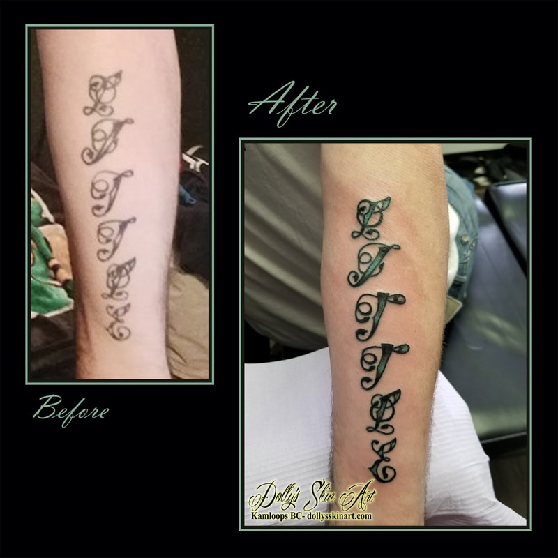 lettering refresh rejuvenate font fill in colour green black name tattoo kamloops dolly's skin art