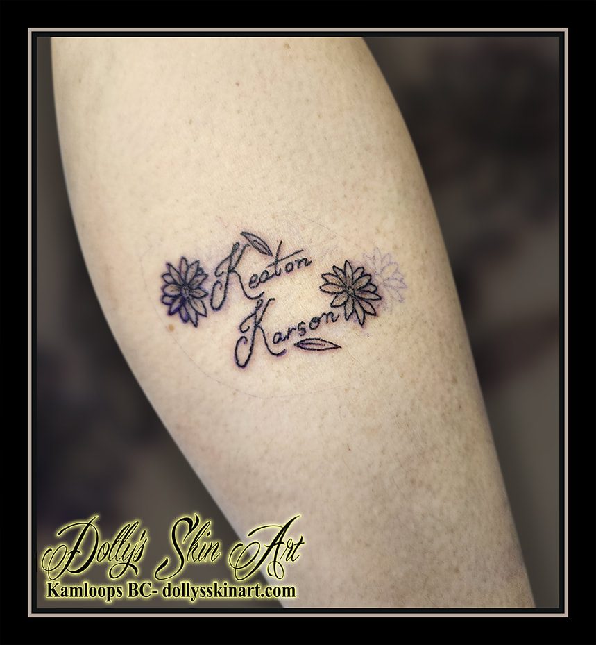 keaton karson tattoo flowers leaves arm black line work tattoo kamloops dolly's skin art