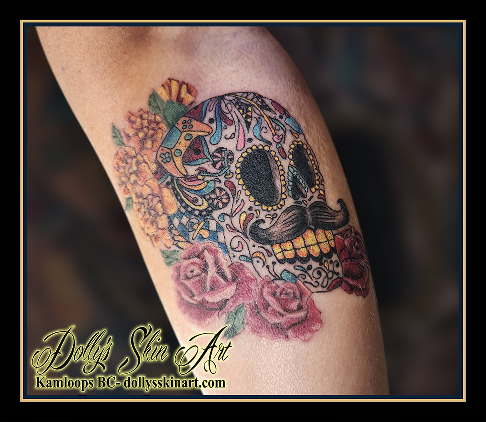 sugar skull tattoo colour flowers gaming moustache tattoo kamloops dolly's skin art