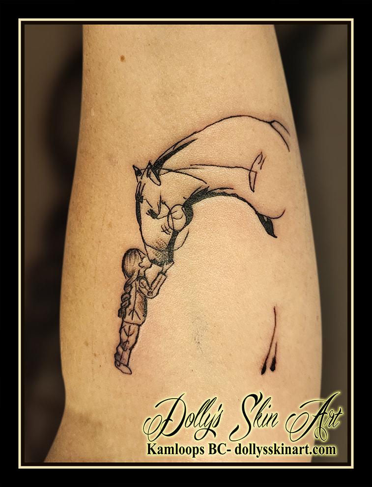 girl and horse tattoo line work black abstract tattoo kamloops dolly's skin art
