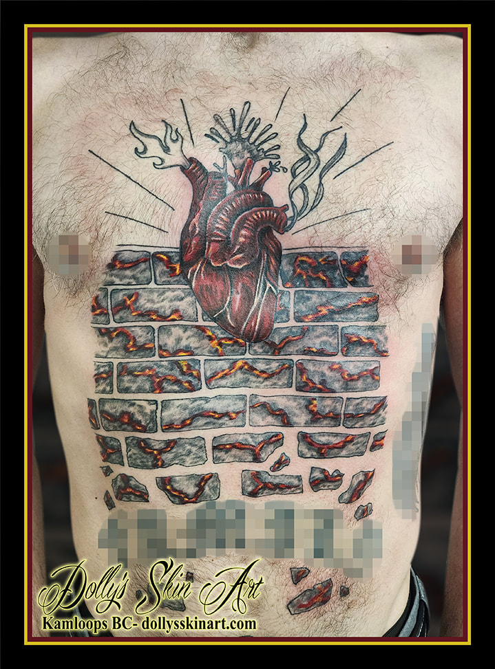 heart tattoo anatomical heart blood stone brick wall chest colour black red orange tattoo kamloops dolly's skin art