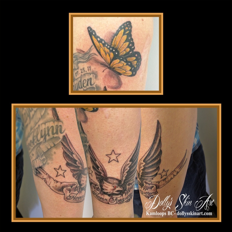 traditional eagle star banner never forgotten black shaded memorial tattoo yellow monarch butterfly star kamloops dolly's skin art