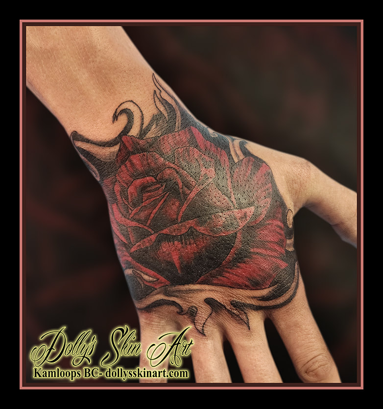 red rose tattoo cover up hand black red tattoo kamloops dolly's skin art